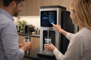 Modern-office-kitchen-interaction-with-tech-dispenser