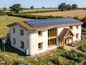 Rural-eco-home-built-with-straw-bale-walls-thick-natural-insulation-layers-lime-render-finish-countryside-UK-landscape