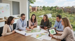 UK-property-planning-scene-showing-architects-planners-and-ecologists-reviewing-a-new-development