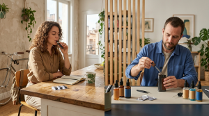 woman-and-man-comparing-prefilled-and-refillable-vape-kits